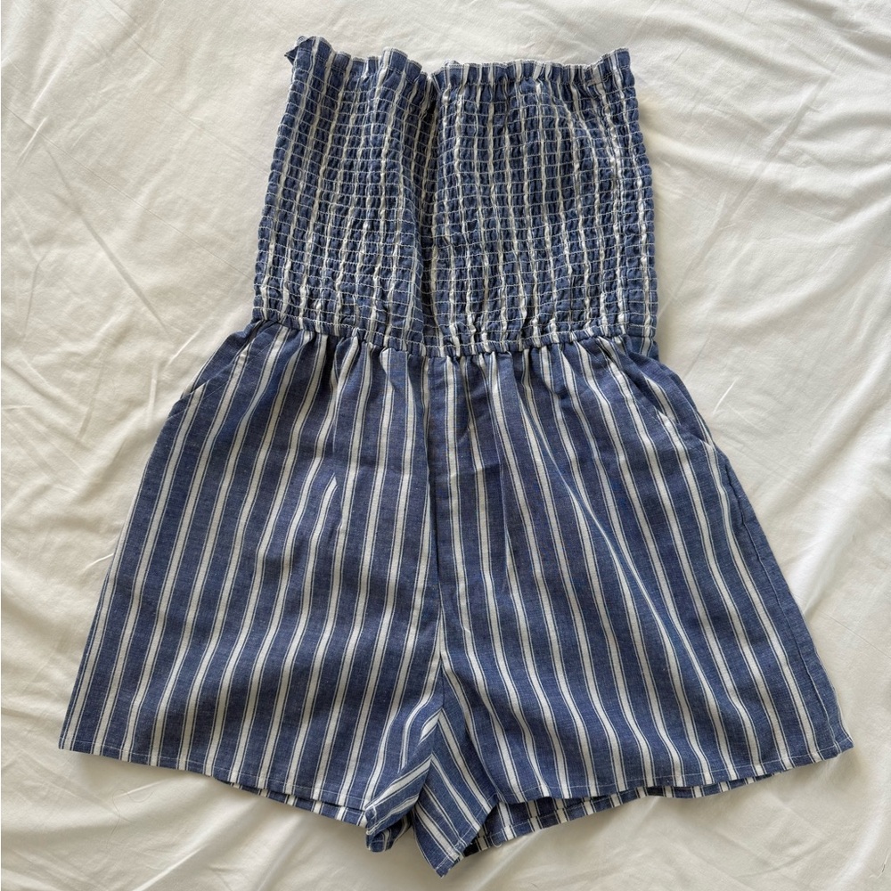Love Tree Navy and White Striped High Waist Romper